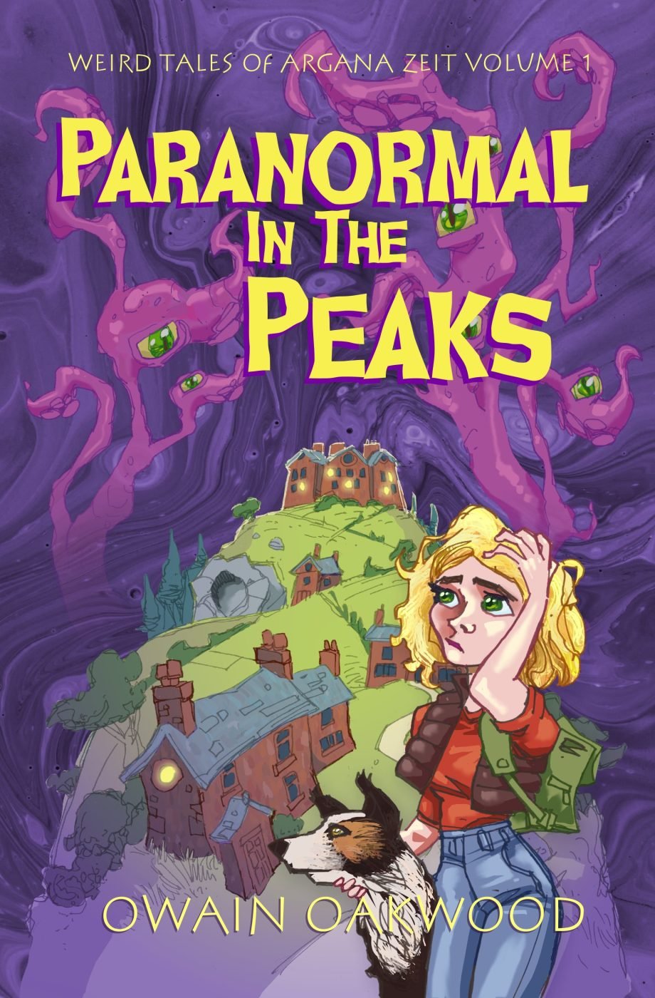 Paranormal in the Peaks Paranormal in the Peaks Weird Tales of Argana Zeit Volume 1 by Owain Oakwood A cartoon drawing of a young woman with wavy blonde hair as she stands by her eager dog. They look out over an English village at night, perched on a hill. Above the village is a strange purple monster made of tentacles and green eyes. It is not remotely scary.