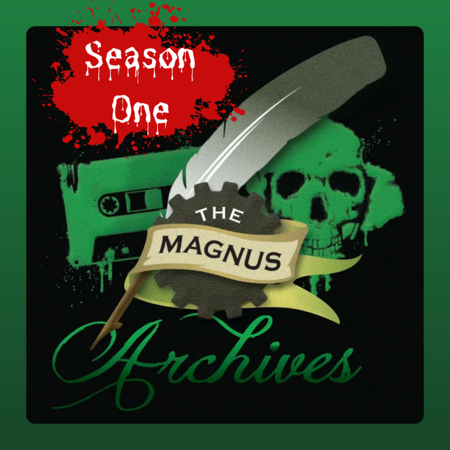 The Magnus Archives Season One by Jonathan Sims The Magnus Archives podcast, Season One. The image shows an old cassette tape, a skull and a feather quill.