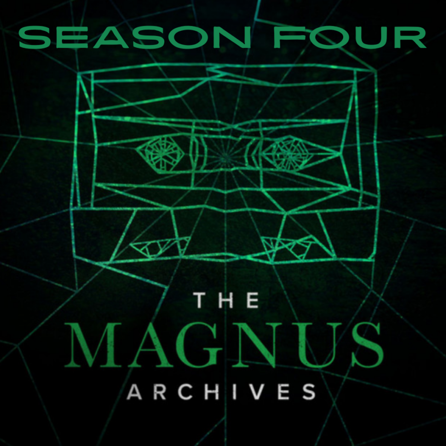 The Magnus Archives Season Four by Jonathan Sims The Magnus Archives podcast, Season Four. The image shows a rough outline of a cassette tape, formed from glowing, spidery green lines
